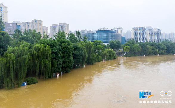 直击：南川暴雨致凤嘴江河水上涨 滨河公园被淹