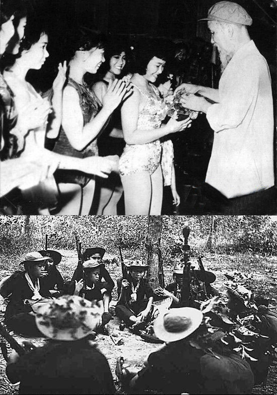 越南女兵着泳装向胡志明献花。